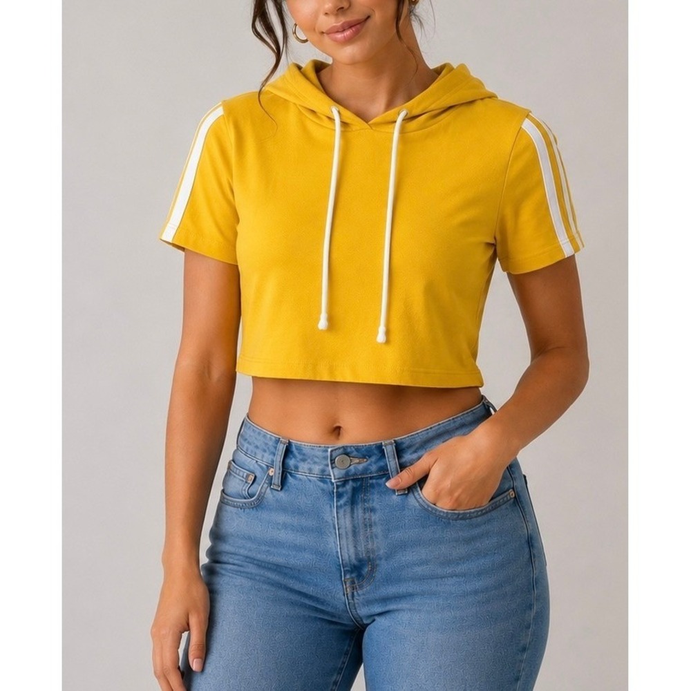 Yellow Short Sleeve Cropped Hoodie White Side Stripe Drawstring Top Size-M